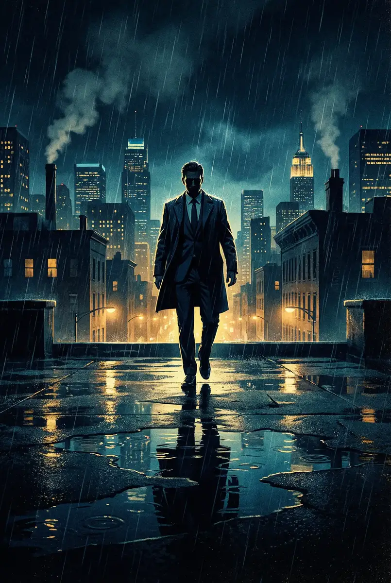 宝贝我最喜欢你叫 出品影片《雨夜独行者》海报，雨中城市屋顶男性剪影